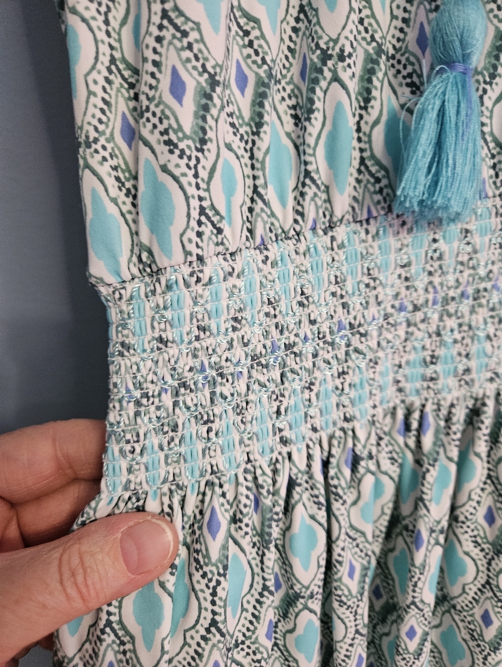 Cabana Life Geo Print Maxi Dress S Blue Aqua Tassel Smocked Waist UPF 50 Resort - Picture 6 of 8